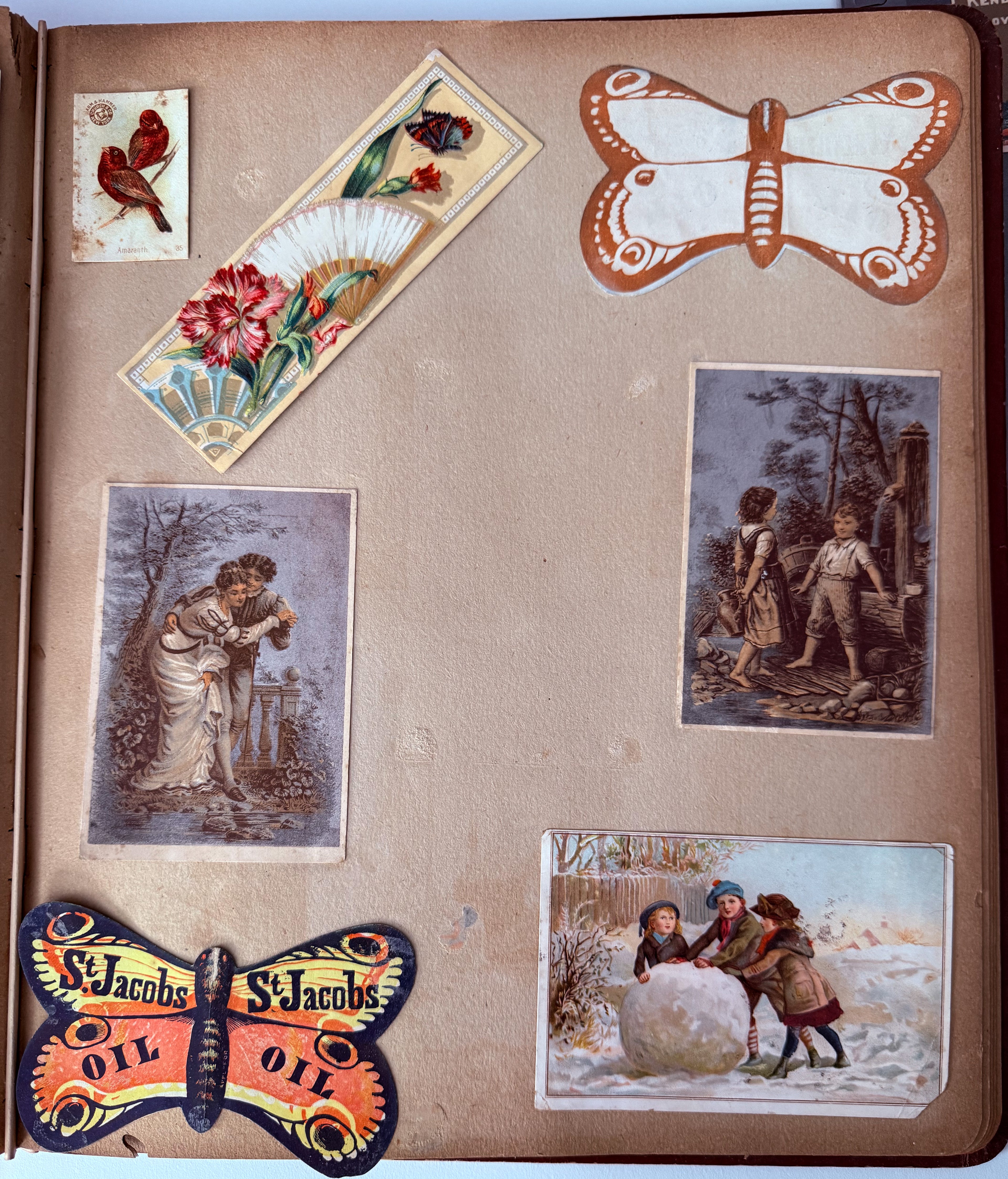 Rare 1880s Victorian Trade Card Album - Merchant’s Gargling Oil BASEBALL Set - Black Americana - Patent Medicine - Peacock Cover