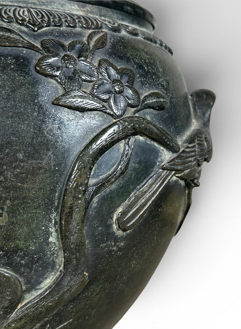 Antique Japanese Meiji Period Patinated Bronze Vase Table Lamp With High Relief Bird And Flower Silk Pagoda Shade