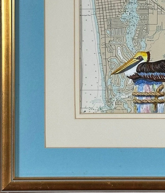 Vintage Ruth James Hand-Painted Pelican and Naples, Florida, Nautical Map Art