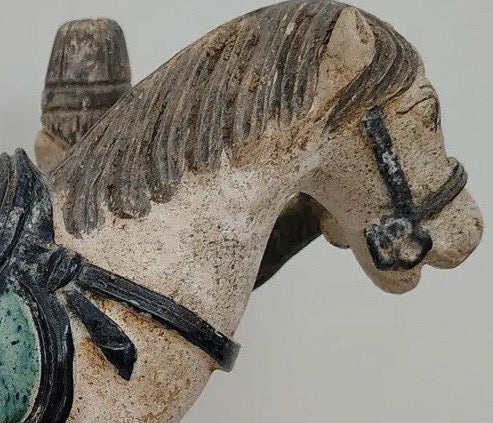 Antique 16th Century Chinese Ming Dynasty Glazed Pottery Horse and Groom - Rare Cobalt Blue and Turquoise Mingqi