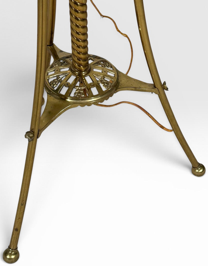 Victorian Brass and Red Satin Glass Griffin Piano Floor Lamp