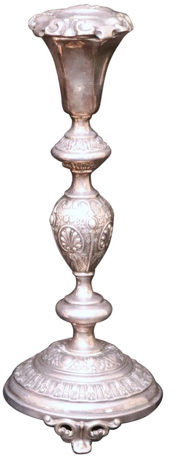 Pair of 12-Inch Antique Norblin and Co. Warsaw Silver-Plate Sabbath Candlesticks - Ornate Victorian Repoussé Judaica
