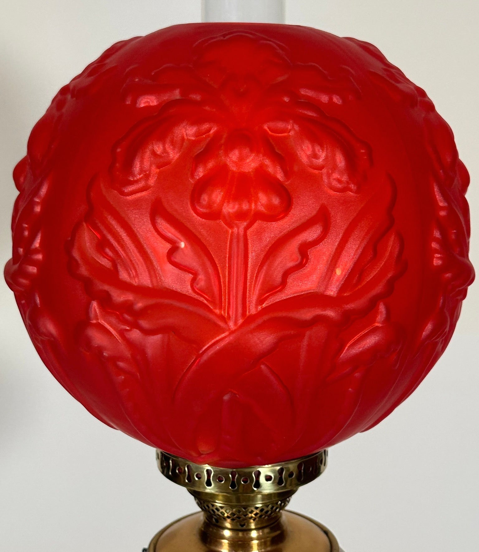 Victorian Brass and Red Satin Glass Griffin Piano Floor Lamp