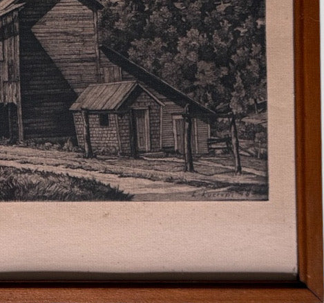 Vintage Luigi Lucioni Hand-Signed Fine Art Etching New England Regionalist Landscape Weathered Vermont Barn Custom Framed