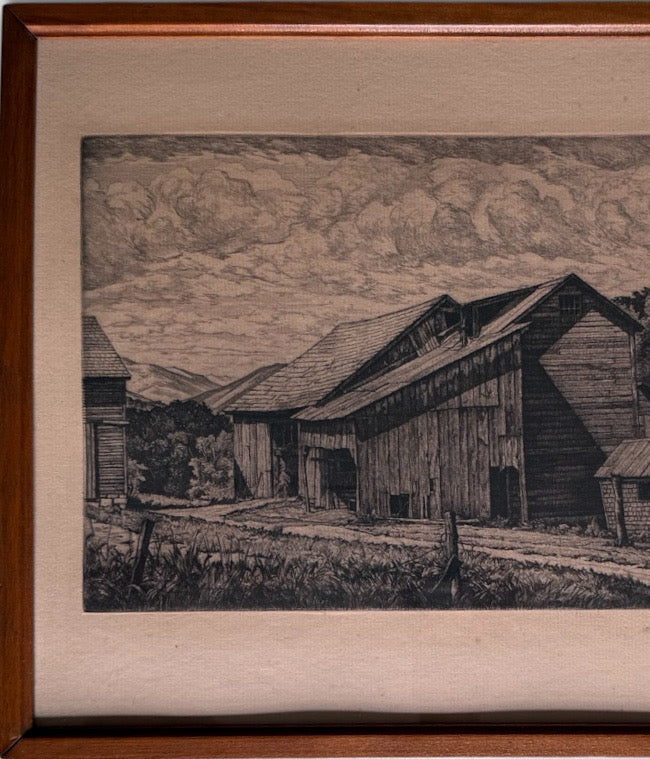 Vintage Luigi Lucioni Hand-Signed Fine Art Etching New England Regionalist Landscape Weathered Vermont Barn Custom Framed