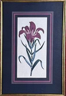 Vintage Framed Stylized Red Lily Botanical Lithograph Prints Pair