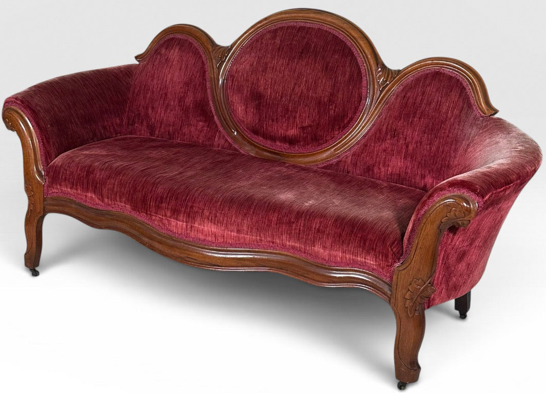 Antique Victorian Carved Walnut Triple Back Cranberry Velvet Settee