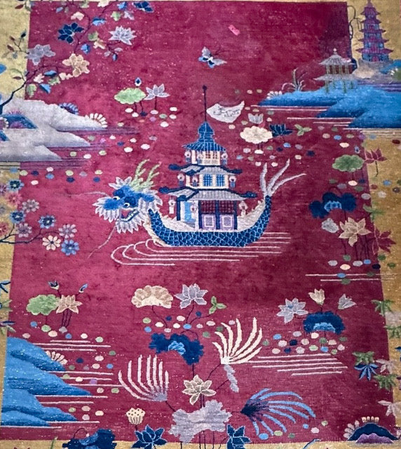 Antique 1920s Chinese Art Deco Pictorial Room Size Rug With Dragon Boat and Pagoda Motif