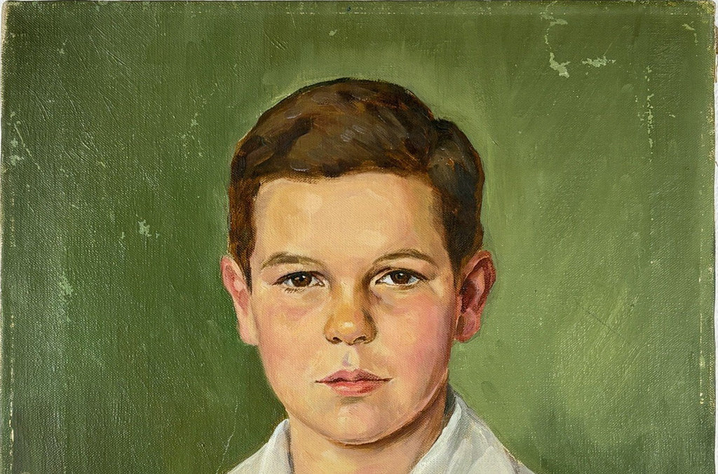 1954 Signed Tsune Kato Tokyo Oil Portrait of a Boy, Mid-Century Modern Japanese Academic Realism, Post-War Art, Sage Green Wall Decor
