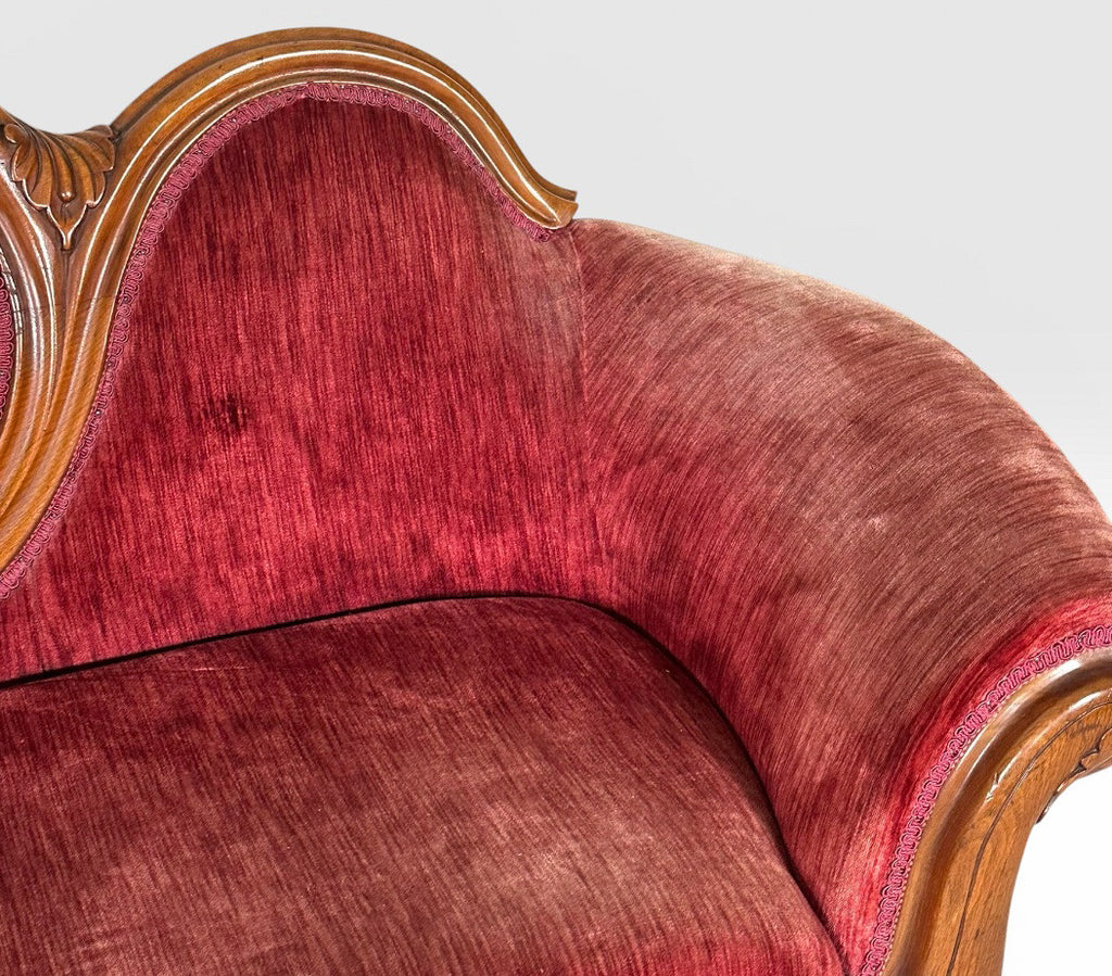Antique Victorian Carved Walnut Triple Back Cranberry Velvet Settee