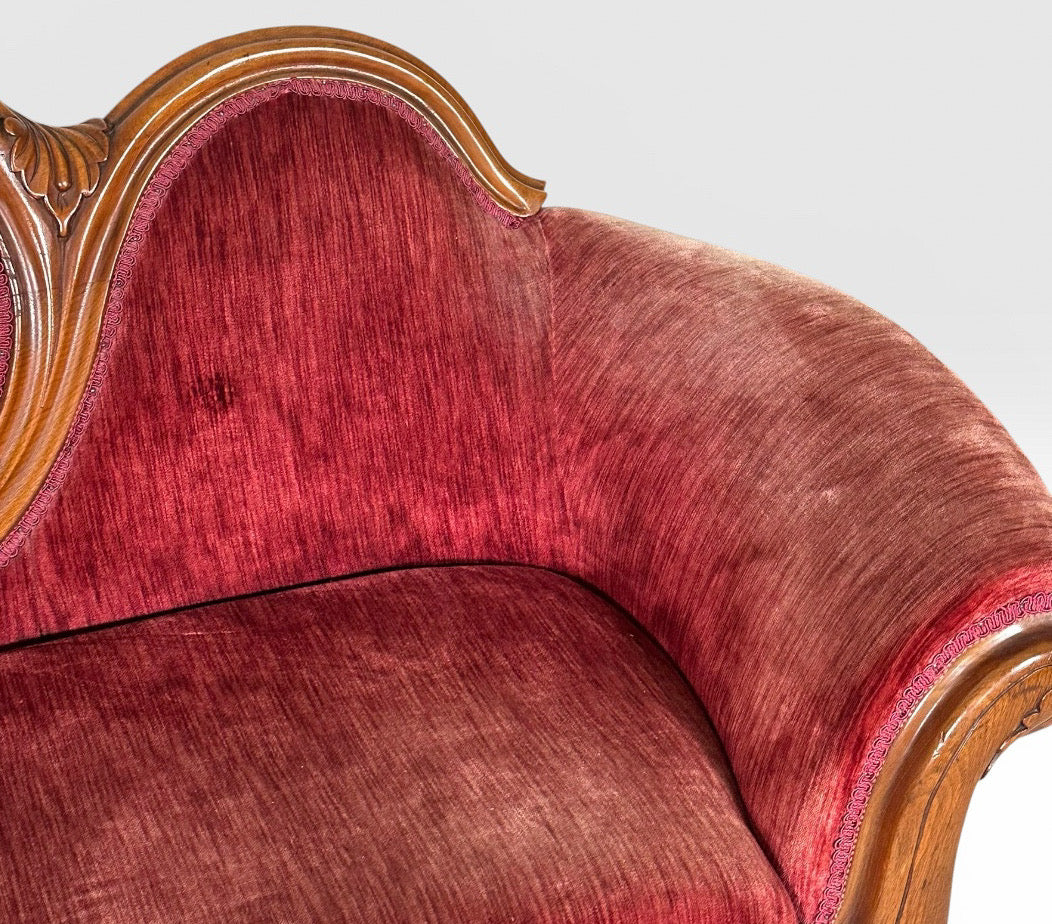Antique Victorian Carved Walnut Triple Back Cranberry Velvet Settee