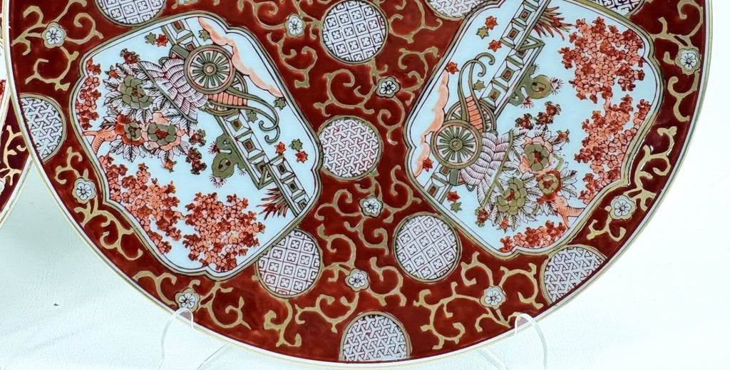 Stunning Vintage Japanese Imari "Rickshaw" Porcelain Charger Plates - Set of Three