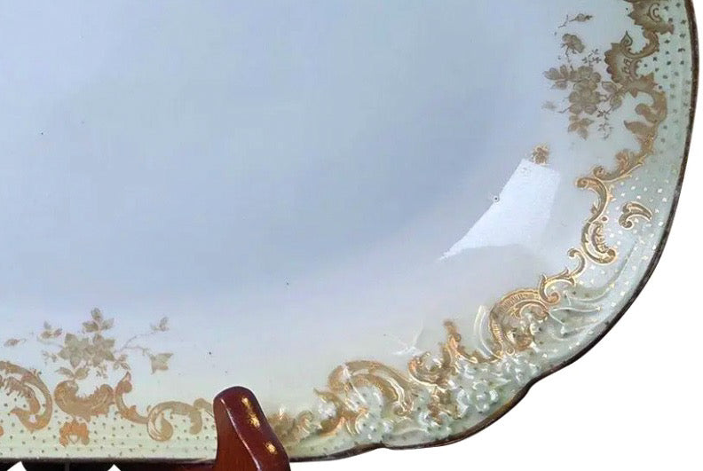 Antique Elite Works Limoges 11.5" Serving Platter - Gilded Scrolls & Celadon Dot Border