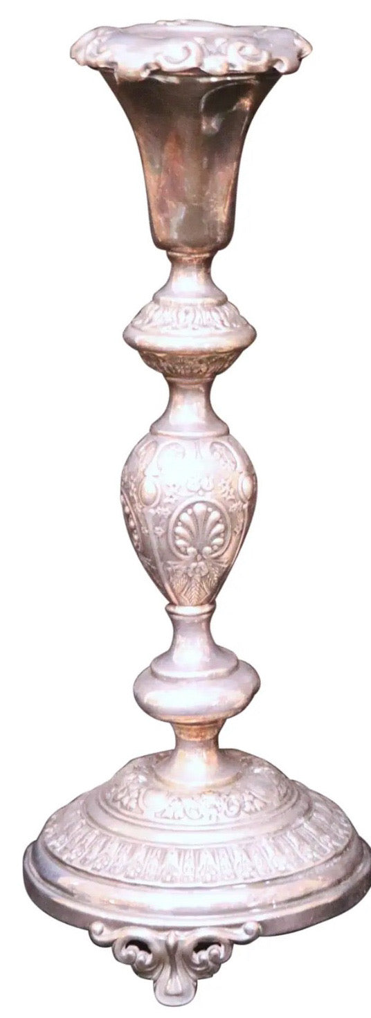 Pair of 12-Inch Antique Norblin and Co. Warsaw Silver-Plate Sabbath Candlesticks - Ornate Victorian Repoussé Judaica