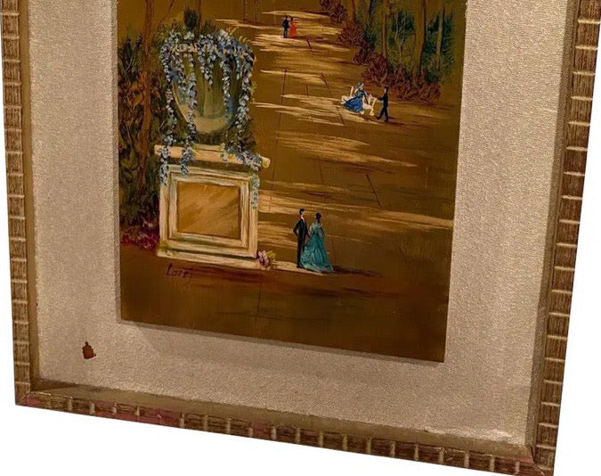 Large Mid-Century Gilded Wood Panel Garden Scene by Loze