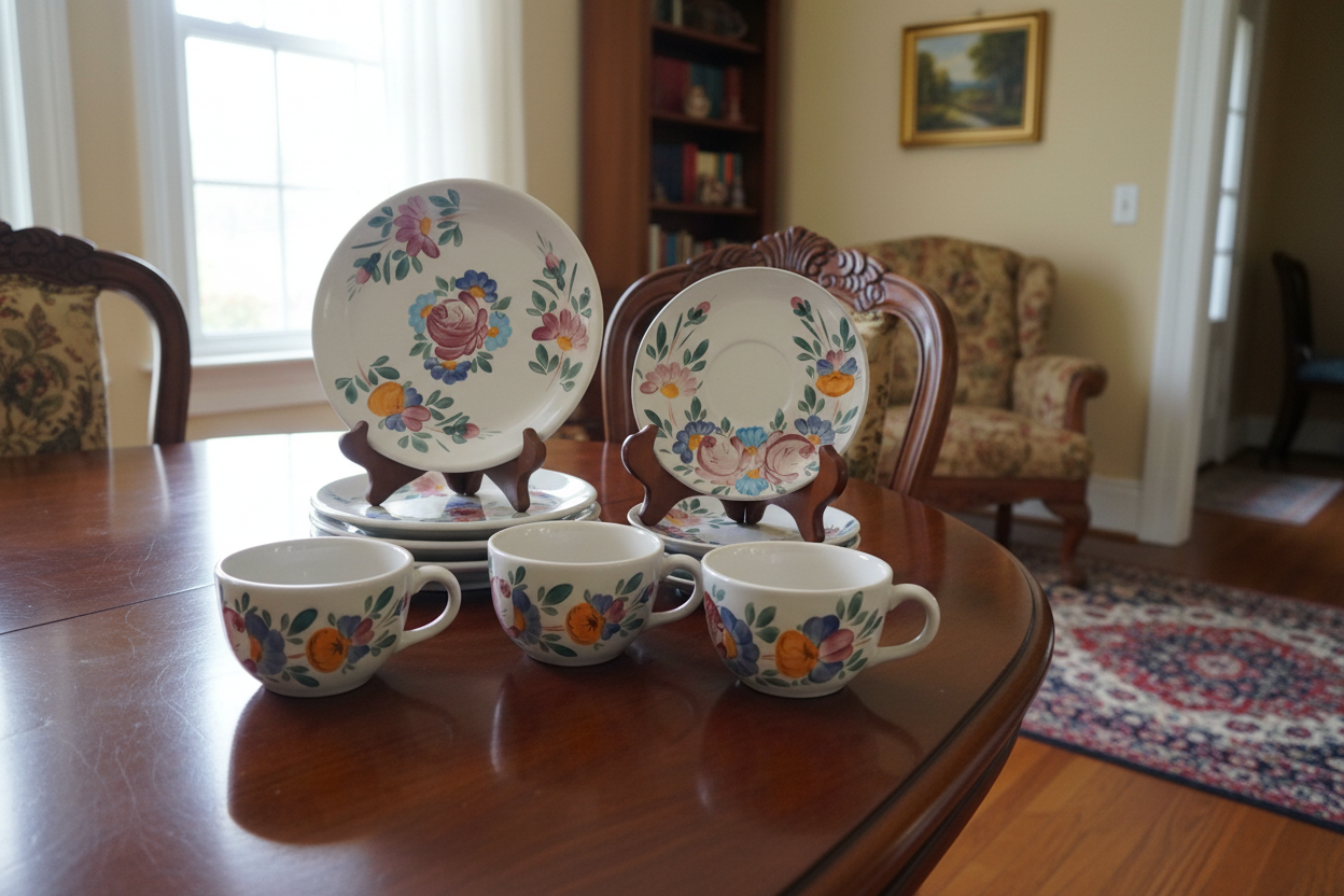 11-Piece Vintage Varoslodi Majolica Hungary Folk Art Set in Home Setting