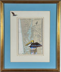Vintage Ruth James Hand-Painted Pelican and Naples, Florida, Nautical Map Art