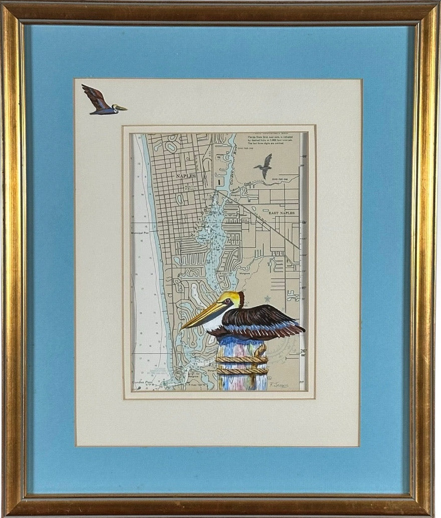 Vintage Ruth James Hand-Painted Pelican and Naples, Florida, Nautical Map Art