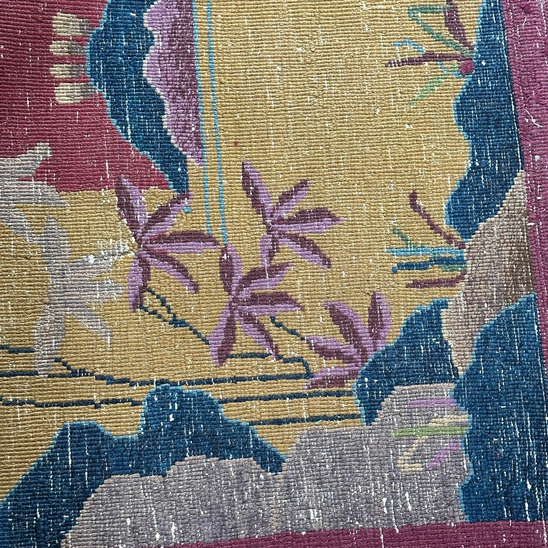 Antique 1920s Chinese Art Deco Pictorial Room Size Rug With Dragon Boat and Pagoda Motif