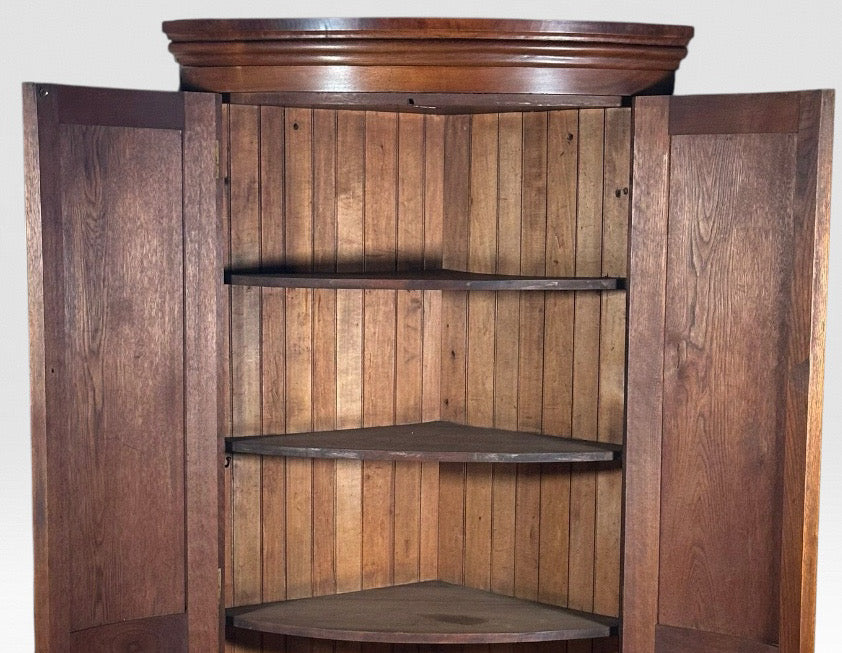 Antique Nineteenth Century American Country Pine Curved Bow Front Corner Cupboard Cabinet