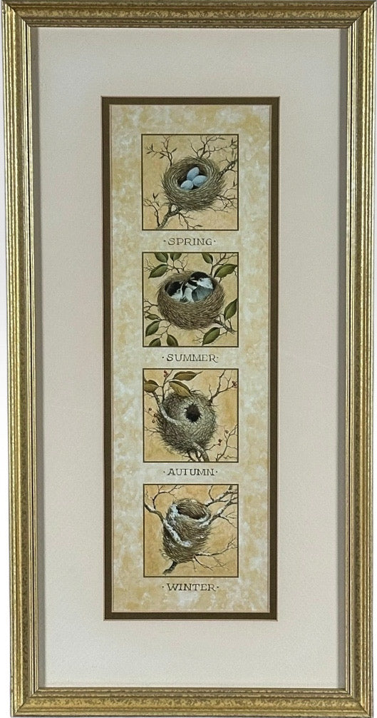 Vintage Nancy J Shumaker Pallan Bird Beginnings Seasonal Framed Prints Pair