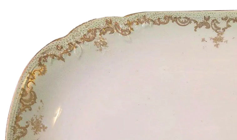 Antique Elite Works Limoges 18" Grand Hostess Platter - Gilded Scrolls & Celadon Dot Border