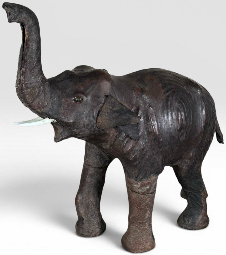 Vintage Mid-Century Leather-Wrapped Elephant Floor Sculpture