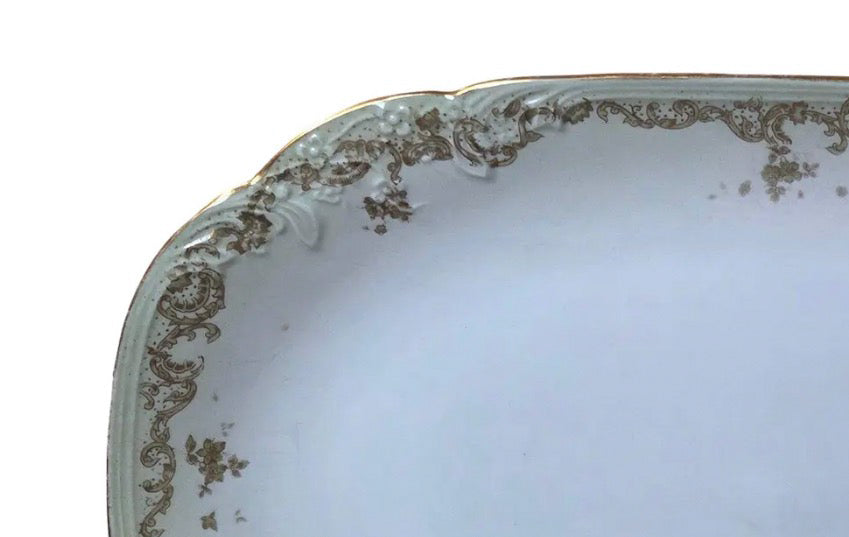 Antique Elite Works Limoges 16" Hostess Platter - Gilded Scrolls & Celadon Dot Border