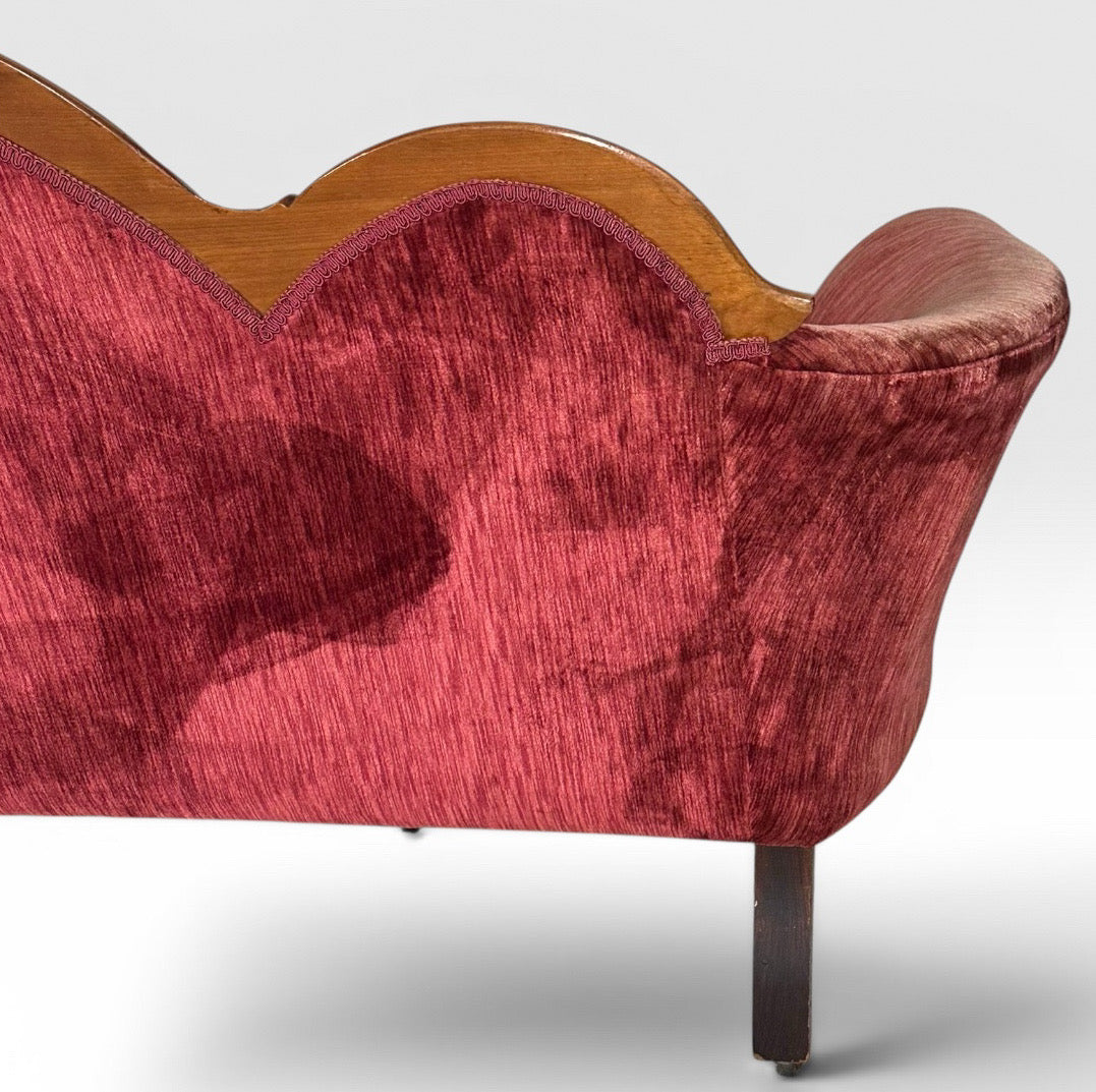 Antique Victorian Carved Walnut Triple Back Cranberry Velvet Settee