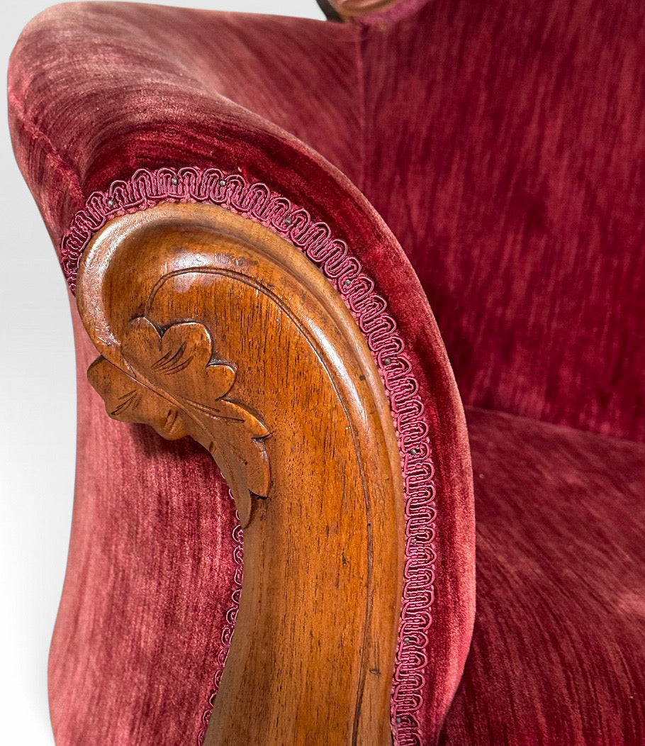 Antique Victorian Carved Walnut Triple Back Cranberry Velvet Settee