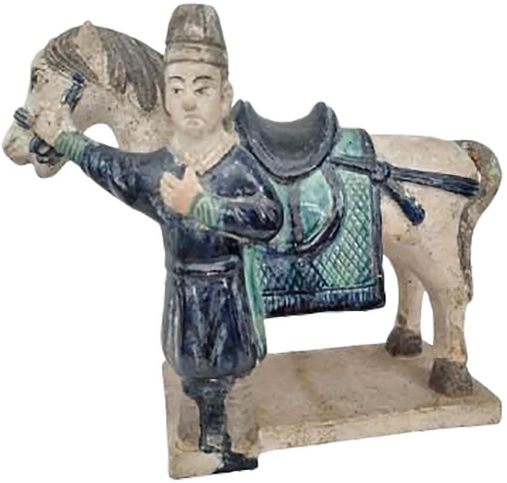 Antique 16th Century Chinese Ming Dynasty Glazed Pottery Horse and Groom - Rare Cobalt Blue and Turquoise Mingqi