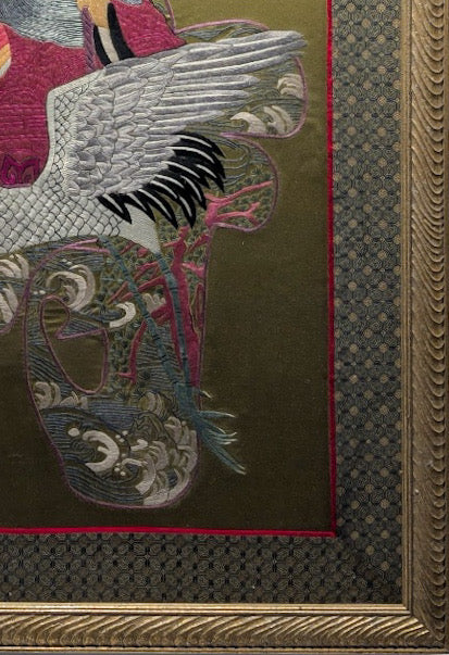 Large Vintage Chinese Silk Embroidery God Of Longevity Shou Lao On Crane