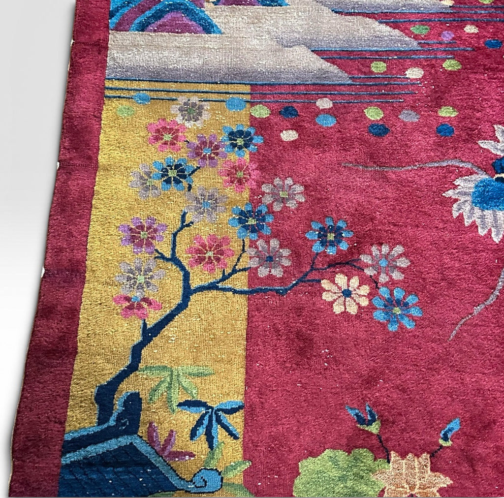 Antique 1920s Chinese Art Deco Pictorial Room Size Rug With Dragon Boat and Pagoda Motif