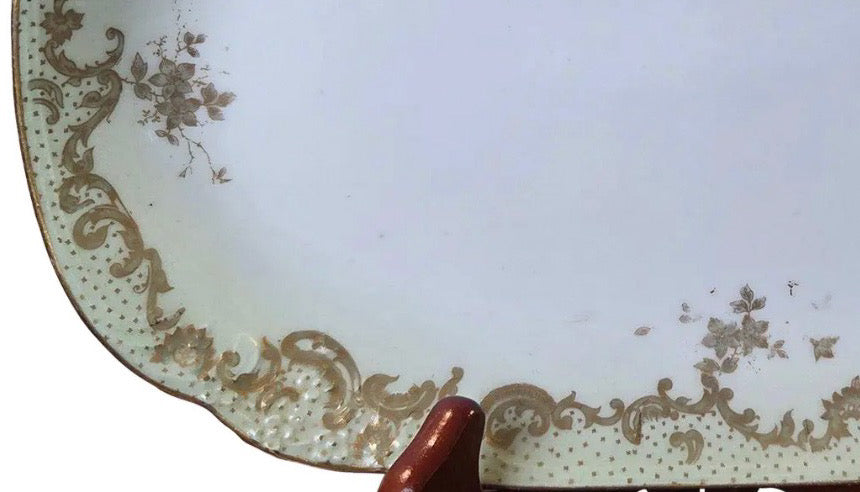 Antique Elite Works Limoges 10” Porcelain Serving Platter - Celadon Dotted Border & Gilded Scrolls