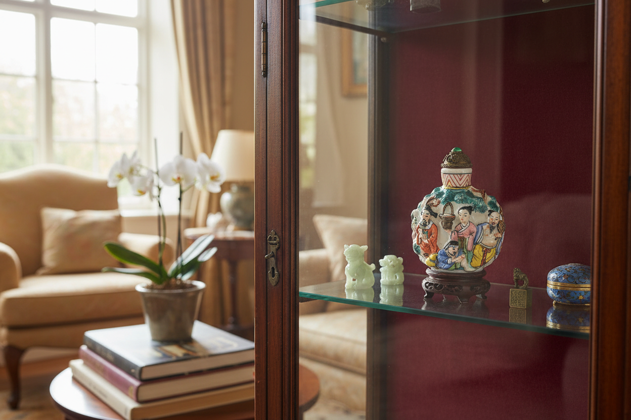 19th C. Famille Rose Snuff Bottle in Home Setting