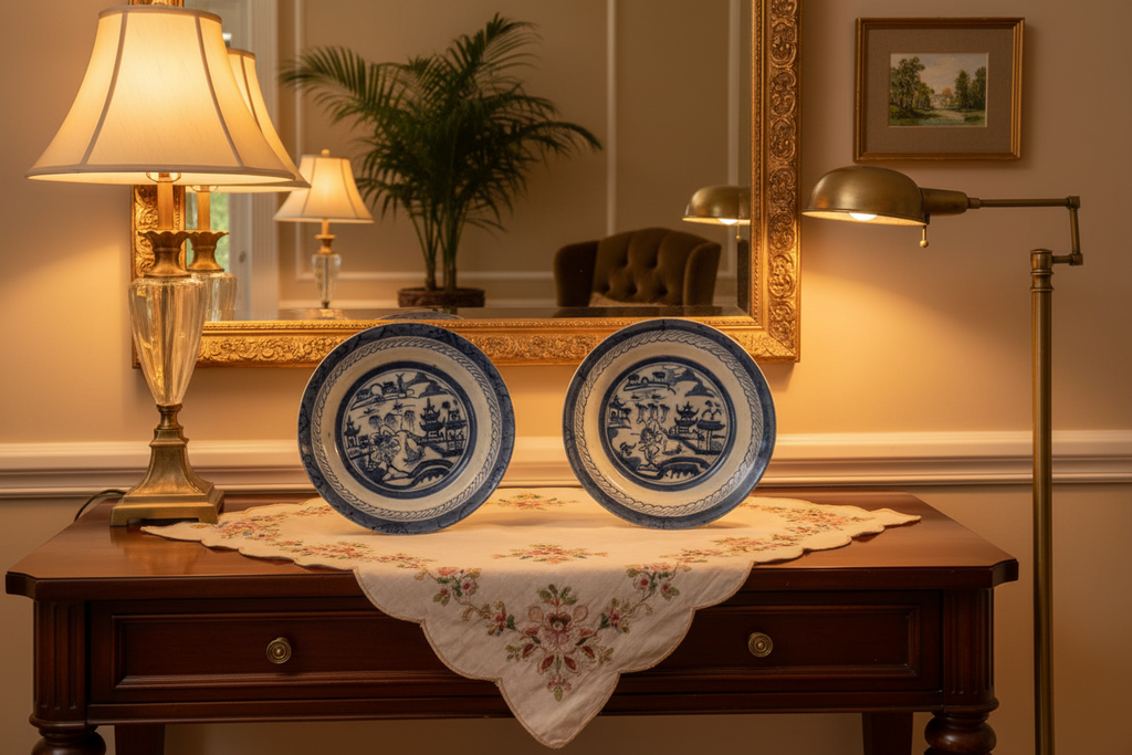 19th Century Canton Blue & White Shallow Bowls in Home Setting