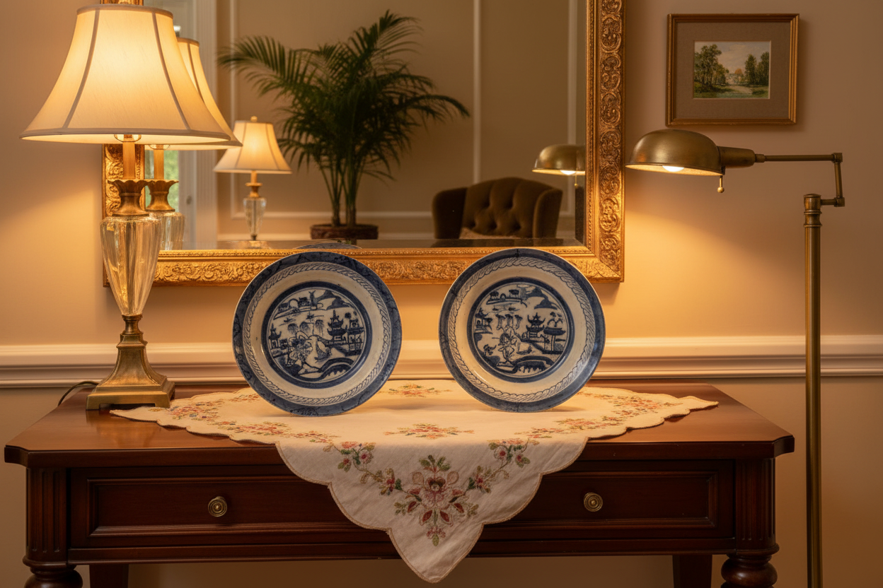 19th Century Canton Blue & White Shallow Bowls in Home Setting