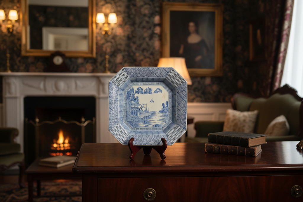 19th Century Japanese Meiji Period Arita Blue & White Octagonal Charger Displayed in a Home