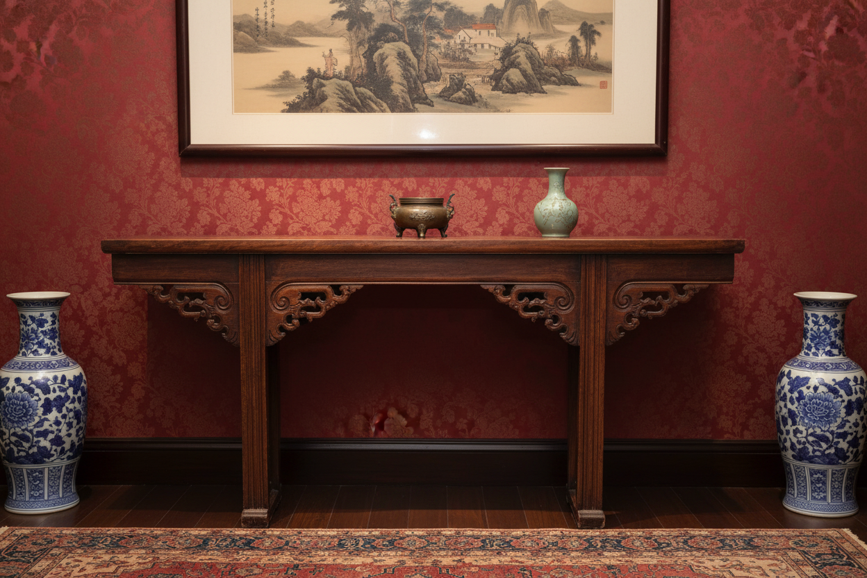 19th Century Qing Dynasty Dragon Altar Console Table in Elegant Setting