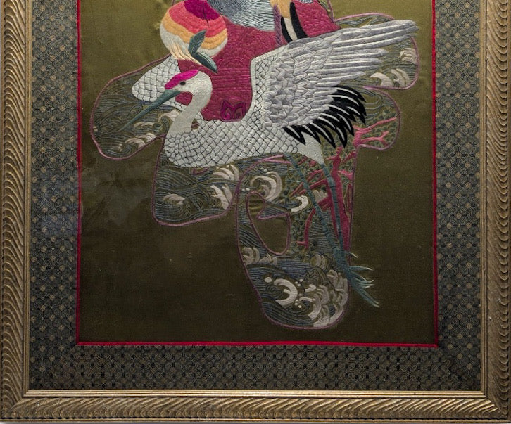 Large Vintage Chinese Silk Embroidery God Of Longevity Shou Lao On Crane