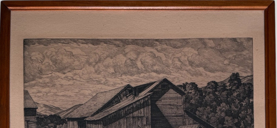Vintage Luigi Lucioni Hand-Signed Fine Art Etching New England Regionalist Landscape Weathered Vermont Barn Custom Framed