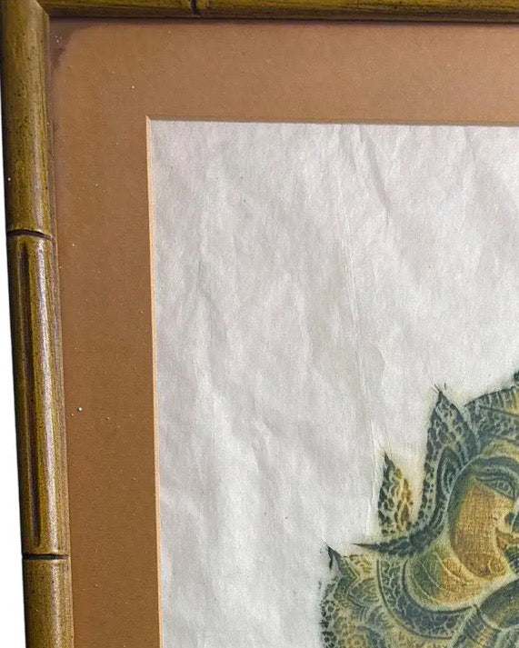 Vintage Thai Temple Rubbing of Celestial Musician in Green & Gold
