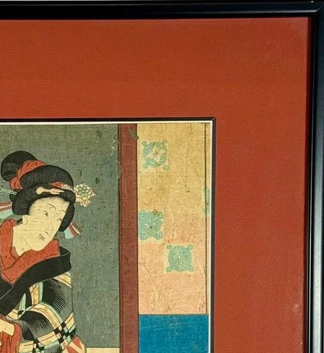 Rare Signed 19th C. Utagawa Kunisada Japanese Woodblock Print, Toyokuni III Ukiyo-e Art, Checkered Kimono Portrait, Antique Edo Period Asian Decor