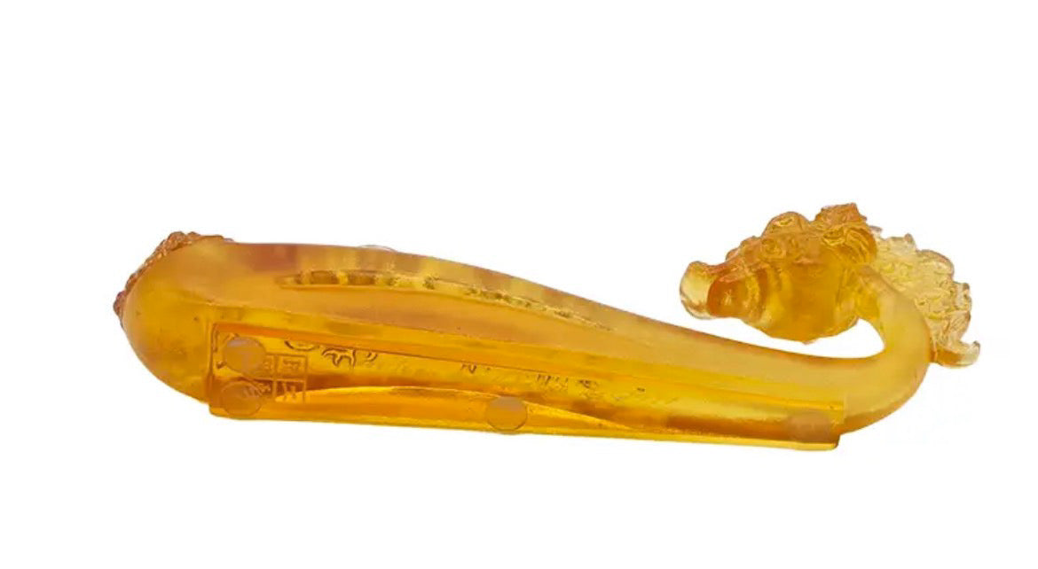 2002 Signed Liuligongfang Amber Crystal Dragon Ruyi Sculpture, Limited Edition No. 483, Loretta Yang Pâte de Verre Art Glass, Chinoiserie Decor