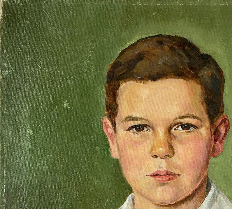 1954 Signed Tsune Kato Tokyo Oil Portrait of a Boy, Mid-Century Modern Japanese Academic Realism, Post-War Art, Sage Green Wall Decor