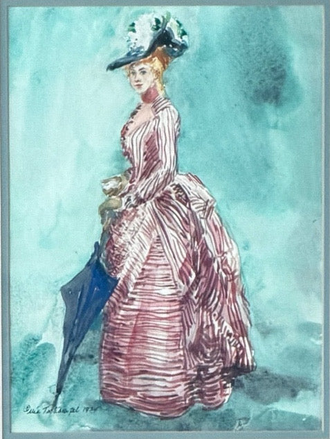 Vintage 1979 Watercolor Illustration of Victorian Woman Signed Mia Tschampel
