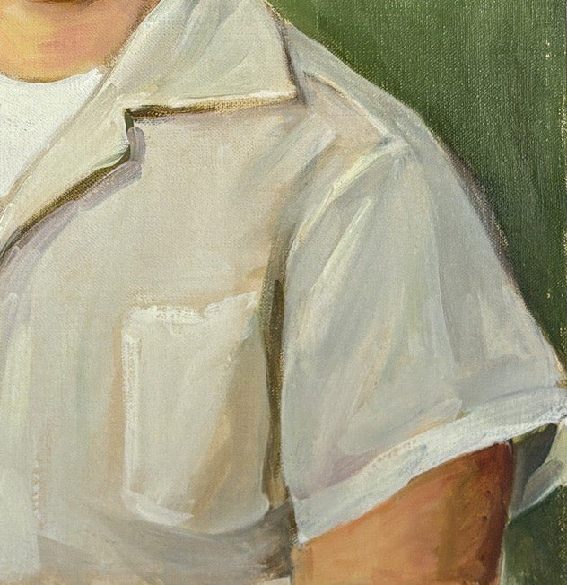 1954 Signed Tsune Kato Tokyo Oil Portrait of a Boy, Mid-Century Modern Japanese Academic Realism, Post-War Art, Sage Green Wall Decor