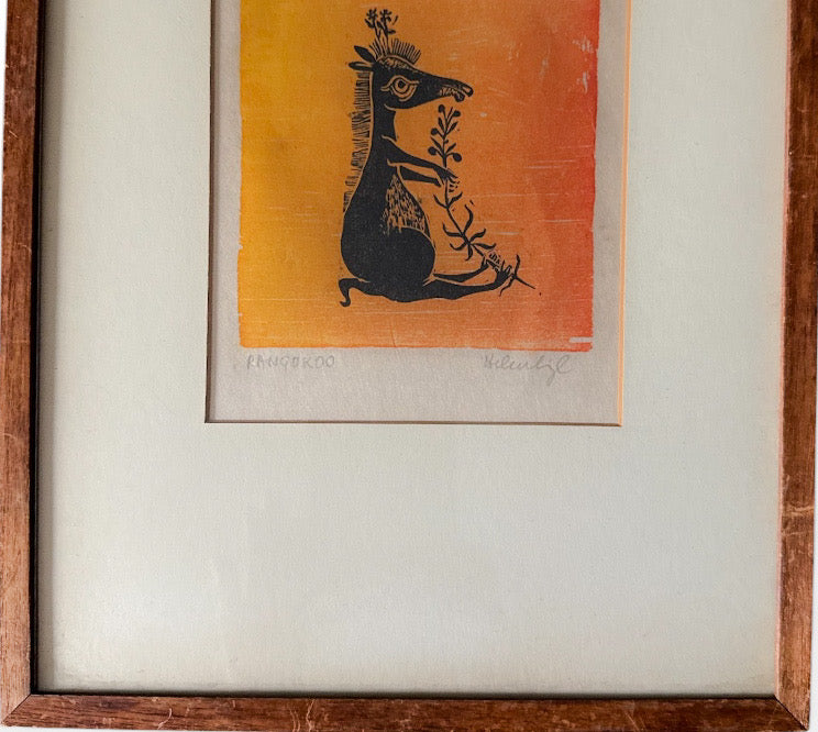 Vintage Helen Siegl Hand-Signed Fine Art Woodcut Print Rangoroo Mid Century Modern Folk Art Whimsical Animal Custom Framed