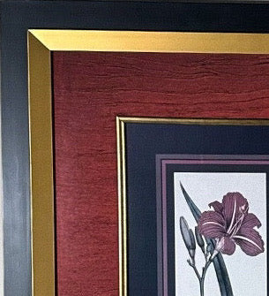 Vintage Framed Stylized Red Lily Botanical Lithograph Prints Pair
