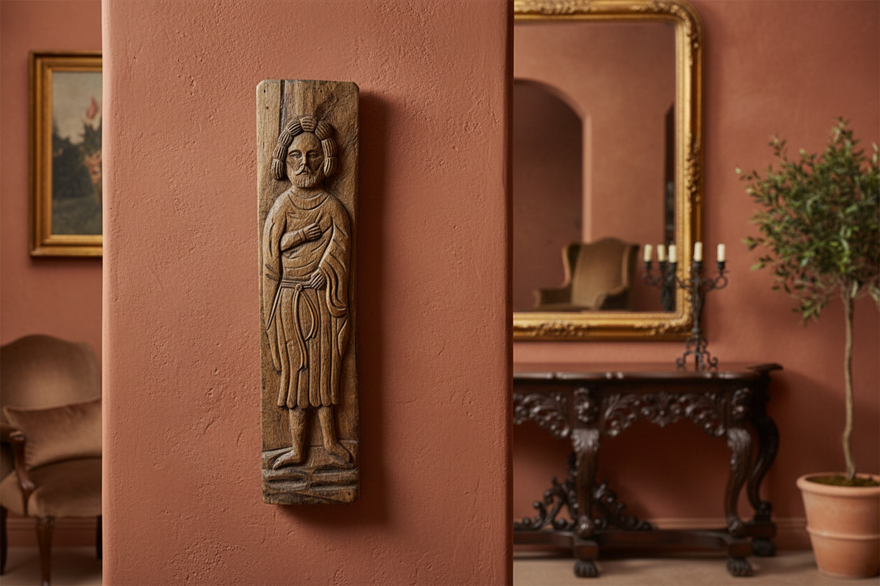 20" 17th/18th Century Spanish Hand-Carved Oak Religious Relief Sculpture in Home Setting